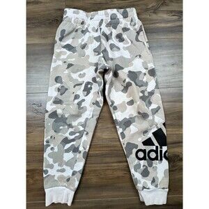 Adidas Pants Boys Youth SZ 8  White Gray Camo Fleece Joggers Regular Fit Logo